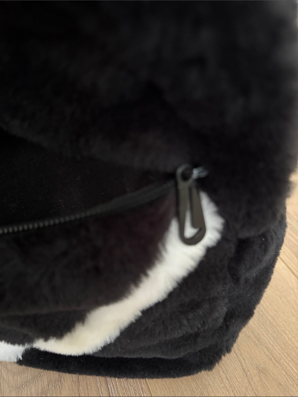 Cozy Black Faux Fur Backpack with White Swoosh - Picture 8 of 9